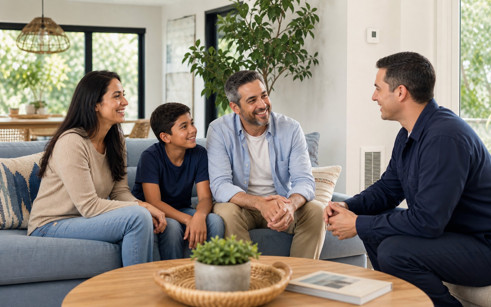 Friendly HVAC technician speaking with a smiling family in their living room