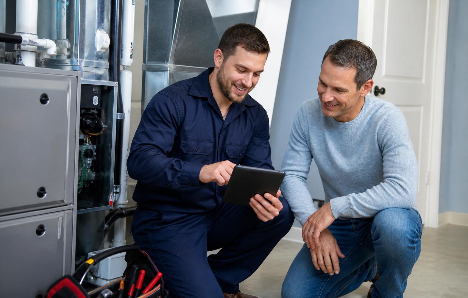 HVAC technician reviewing repair details with a homeowner beside equipment